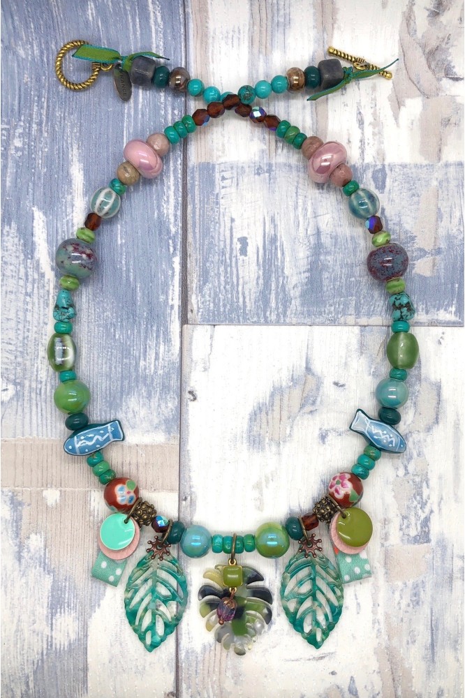 Collier De Perles Heidi Daus Avec Pendentif Amovible - Cristal Bleu Et Bronze - Neuf Sans Emballage